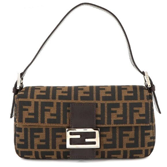 Authentic FENDI Zucca Mamma Baguette Canvas Leather Shoulder Bag Brown Tan - Picture 1 of 15